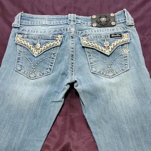 Miss Me Women's Light Blue Boot Cut Jeans with Embellished Pockets 28x34
